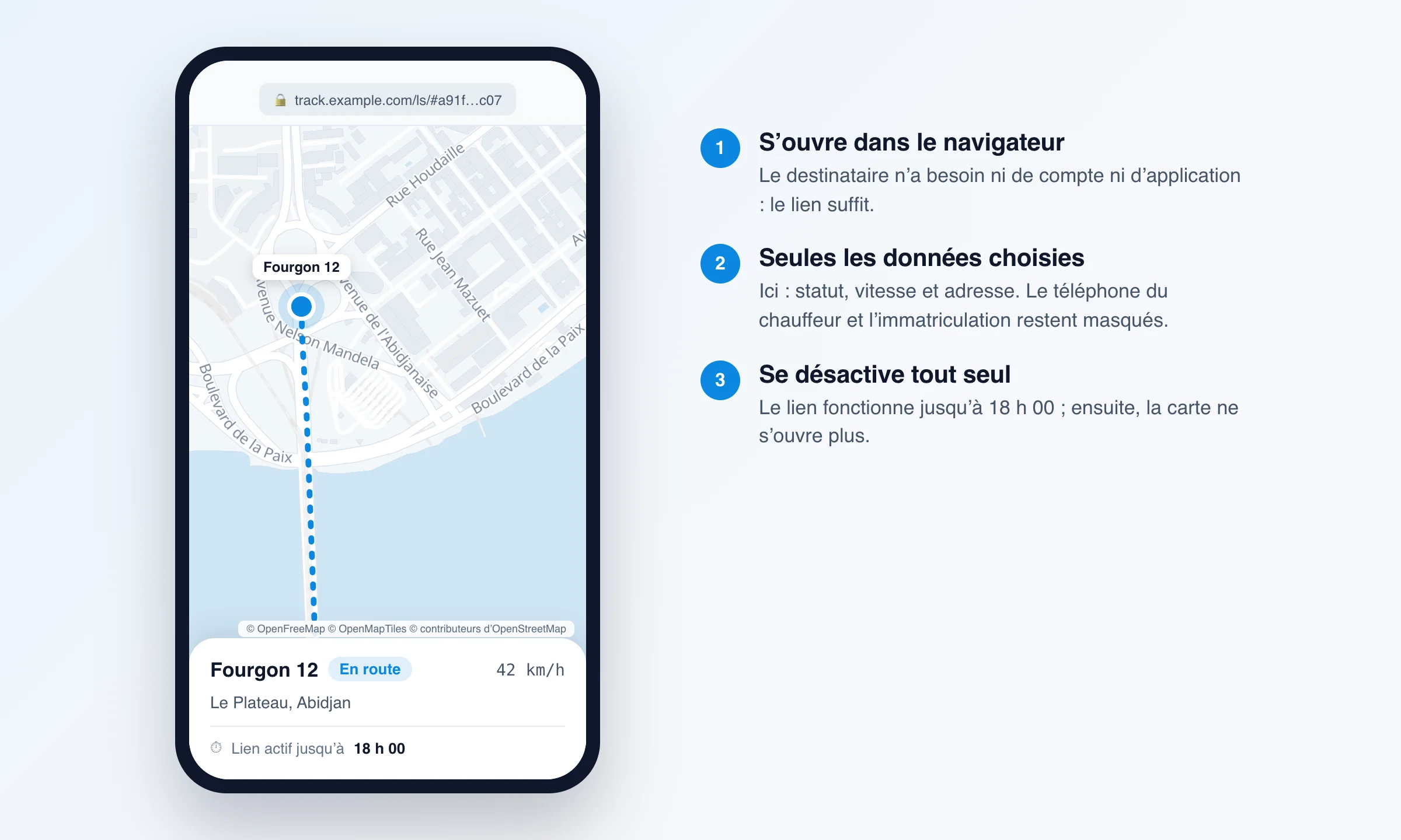 Le destinataire ouvre un lien géographique dans le navigateur de son téléphone : un fourgon sur la carte d'Abidjan, statut En route, vitesse, quartier et un lien actif jusqu'à 18 h 00