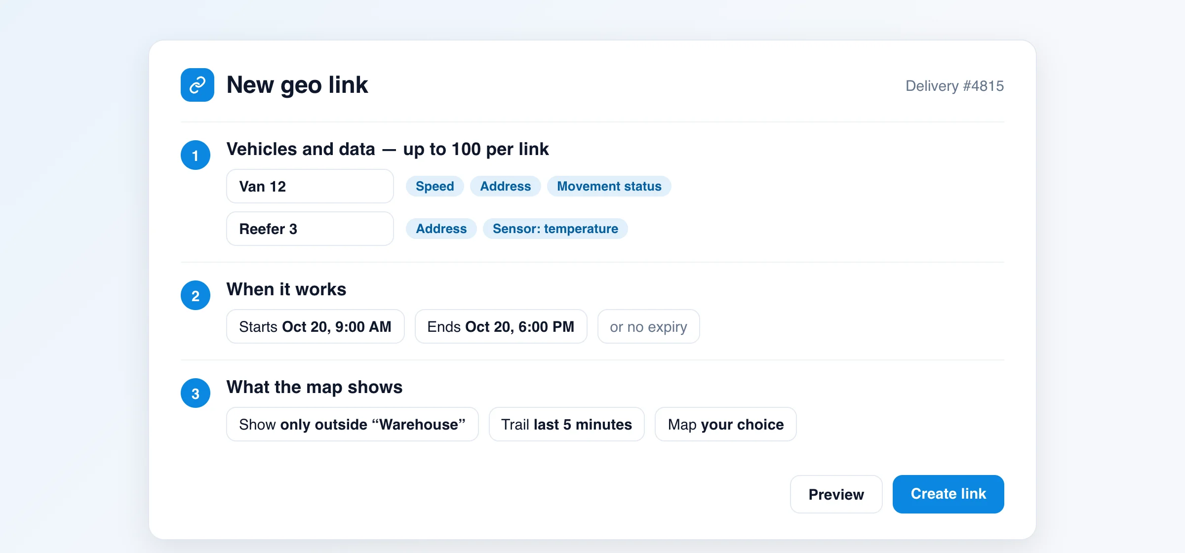 Setting up a geo link in three steps: vehicles and data, a time window from 9:00 AM to 6:00 PM, and showing the van only outside the warehouse geofence