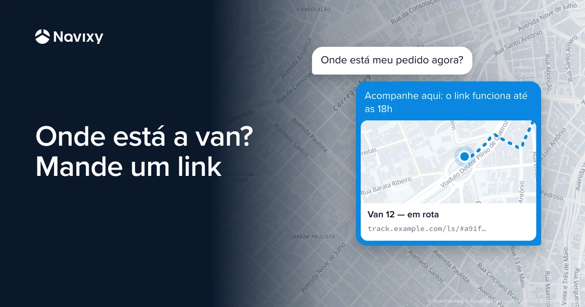 Uma conversa sobre o mapa de São Paulo: o cliente pergunta onde está o pedido e a empresa responde com um link que mostra a van no mapa até as 18h