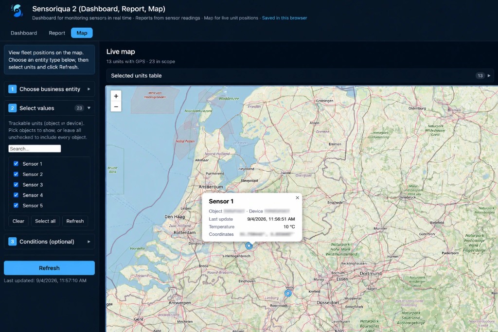 Sensoriqua map view showing live GPS positions of monitored objects with a sensor reading popup