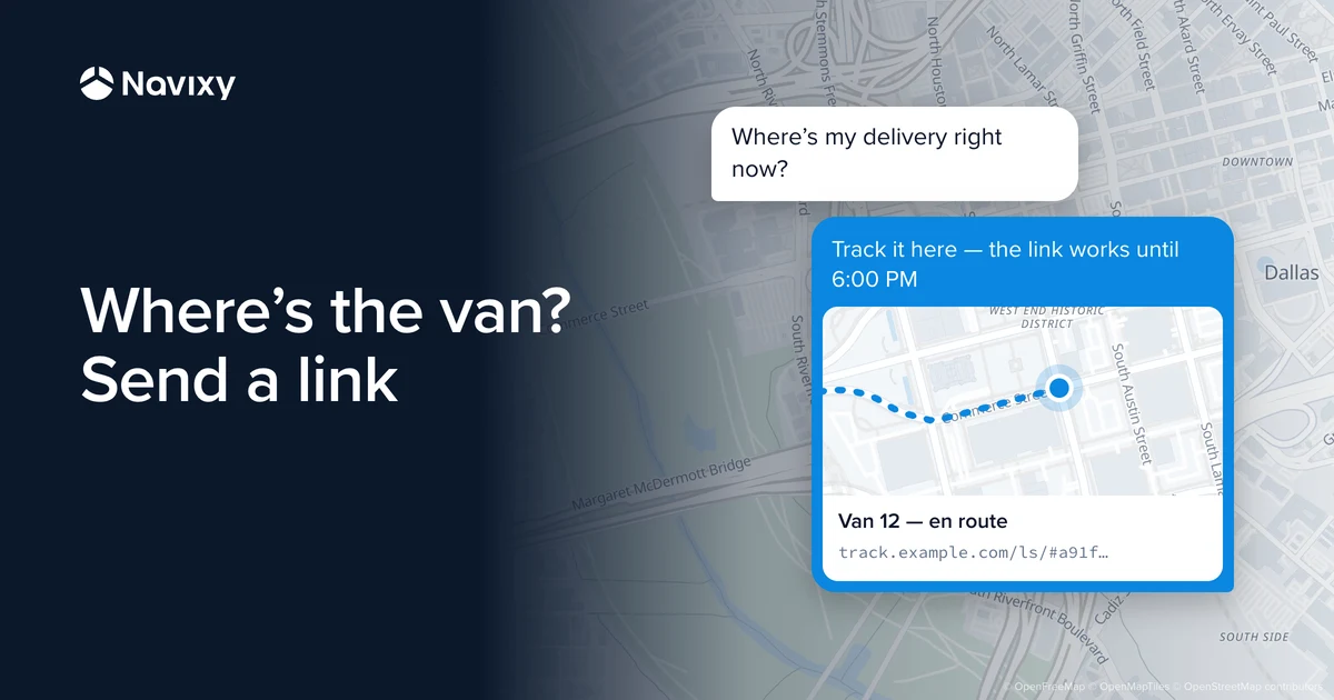 A chat over a map of Dallas: a customer asks where their delivery is, and the company replies with a link that shows the van on a map until 6:00 PM