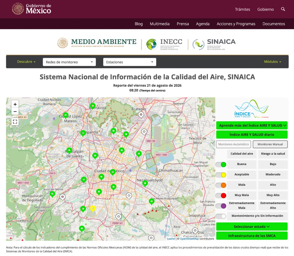 Estações de monitoramento do SINAICA na Zona Metropolitana da Cidade do México