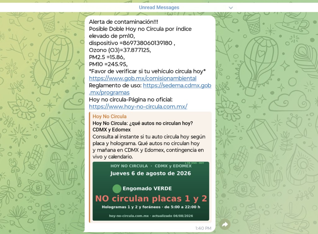 Exemplo de alerta preventivo enviado pelo Telegram