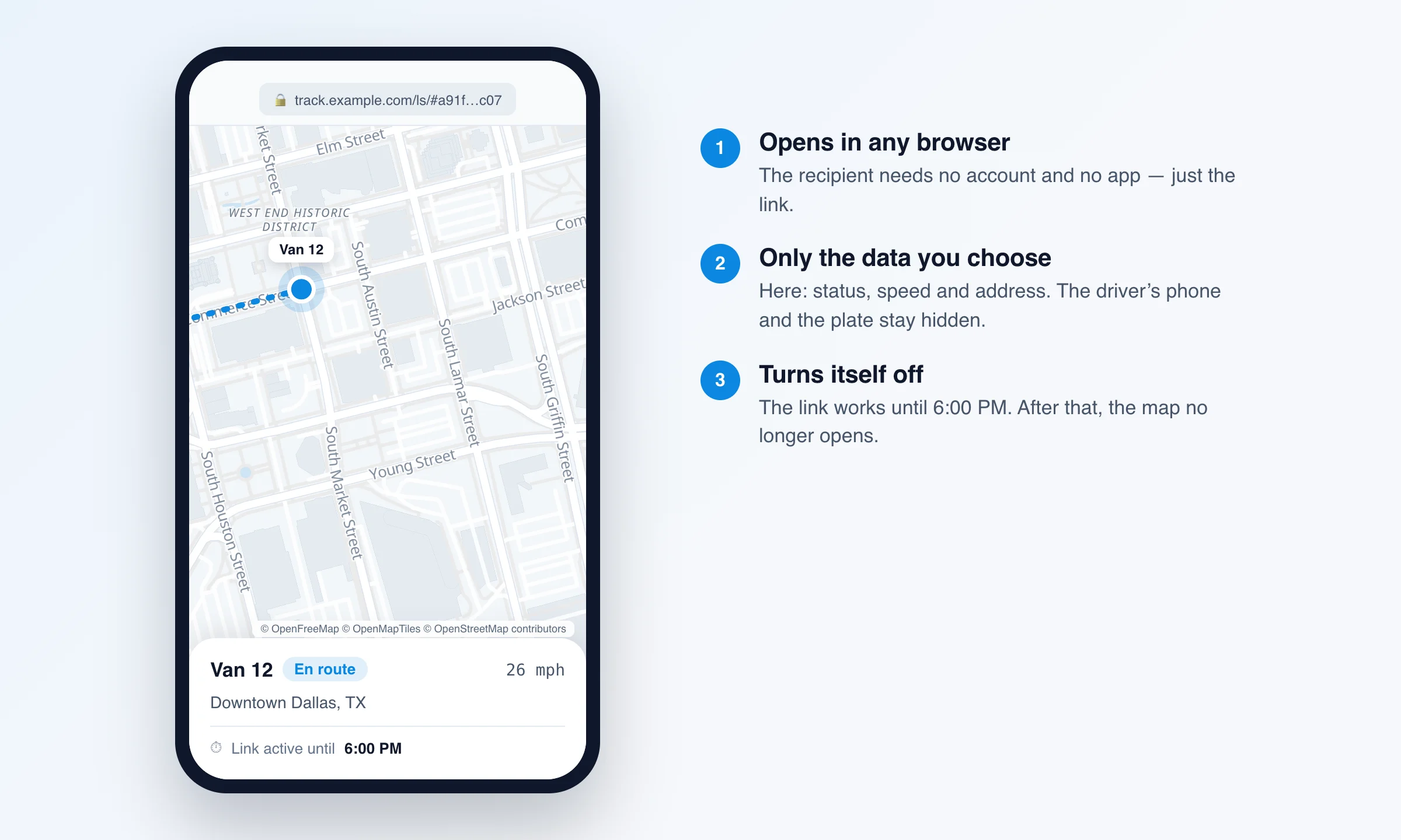 The recipient opens a geo link in a phone browser: a van on a map of Dallas, status En route, speed, area and a link that stays live until 6:00 PM
