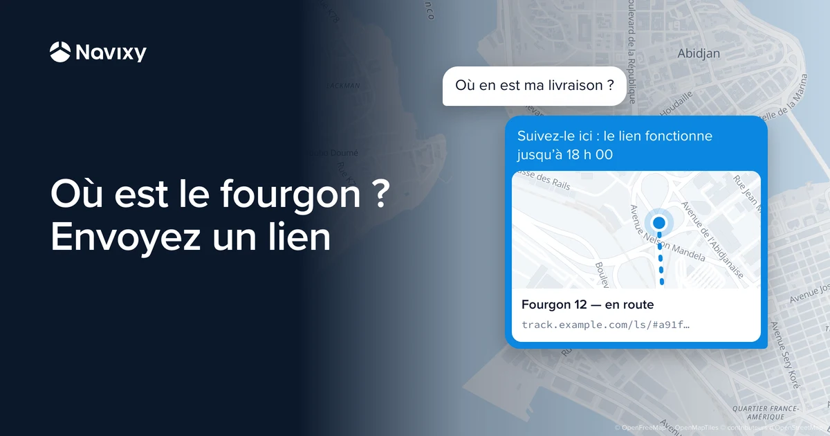 Une conversation sur fond de carte d'Abidjan : le client demande où en est sa livraison, l'entreprise répond par un lien qui montre le fourgon sur la carte jusqu'à 18 h 00