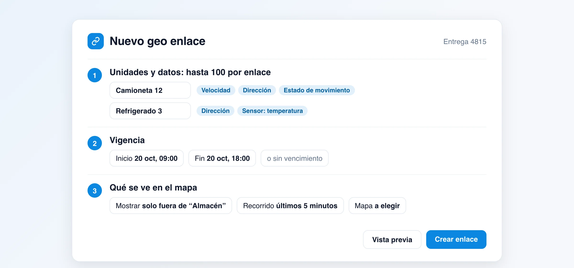 Configuración de un geo enlace en tres pasos: unidades y datos, vigencia de 09:00 a 18:00 y mostrar la unidad solo fuera de la geocerca del almacén