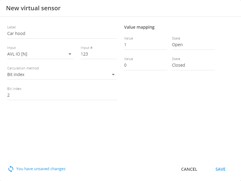 Configuration example for Bit index calculation sensor