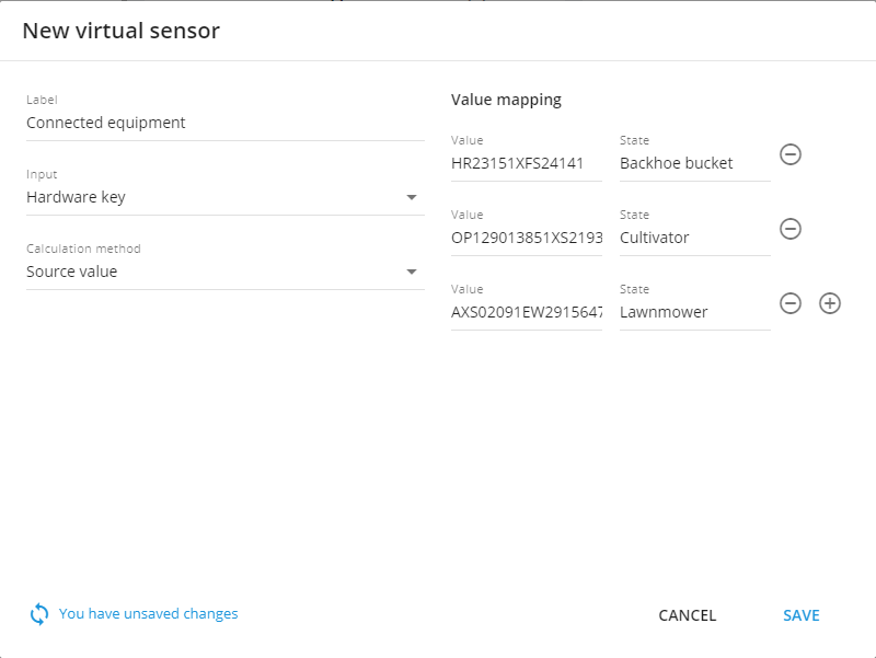 Configuration example for source value calculation method for hardware key or state field sensor reading