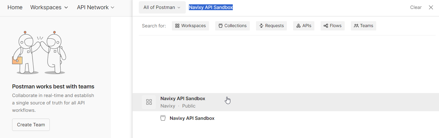 Search for Navixy API Sandbox in Postman