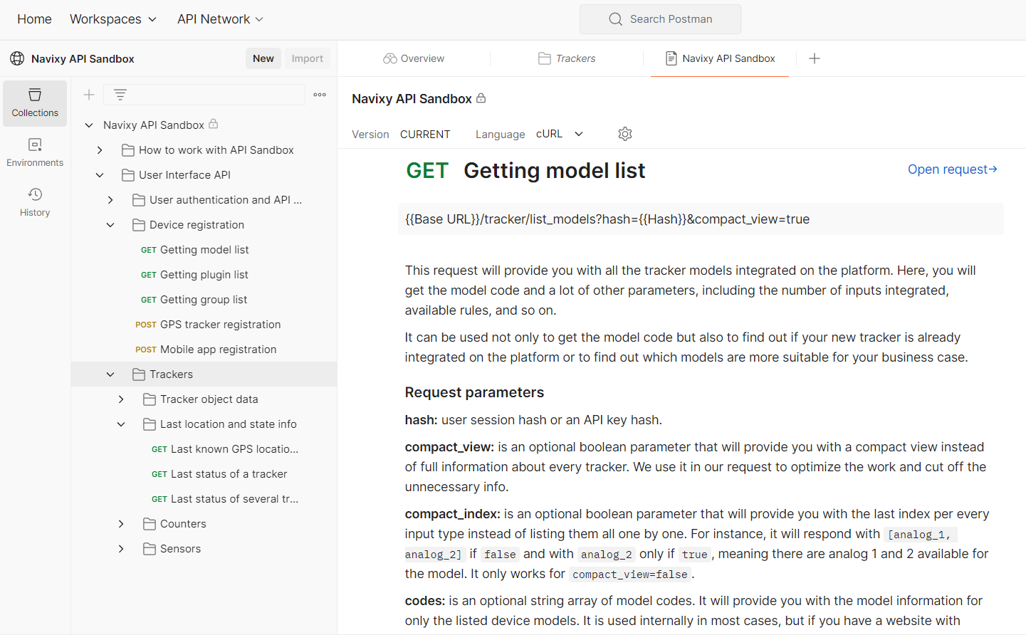 API documentation in Navixy API Sandbox