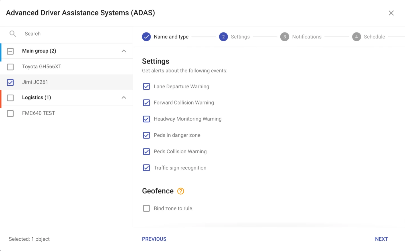 ADAS Settings list in Navixy platform.